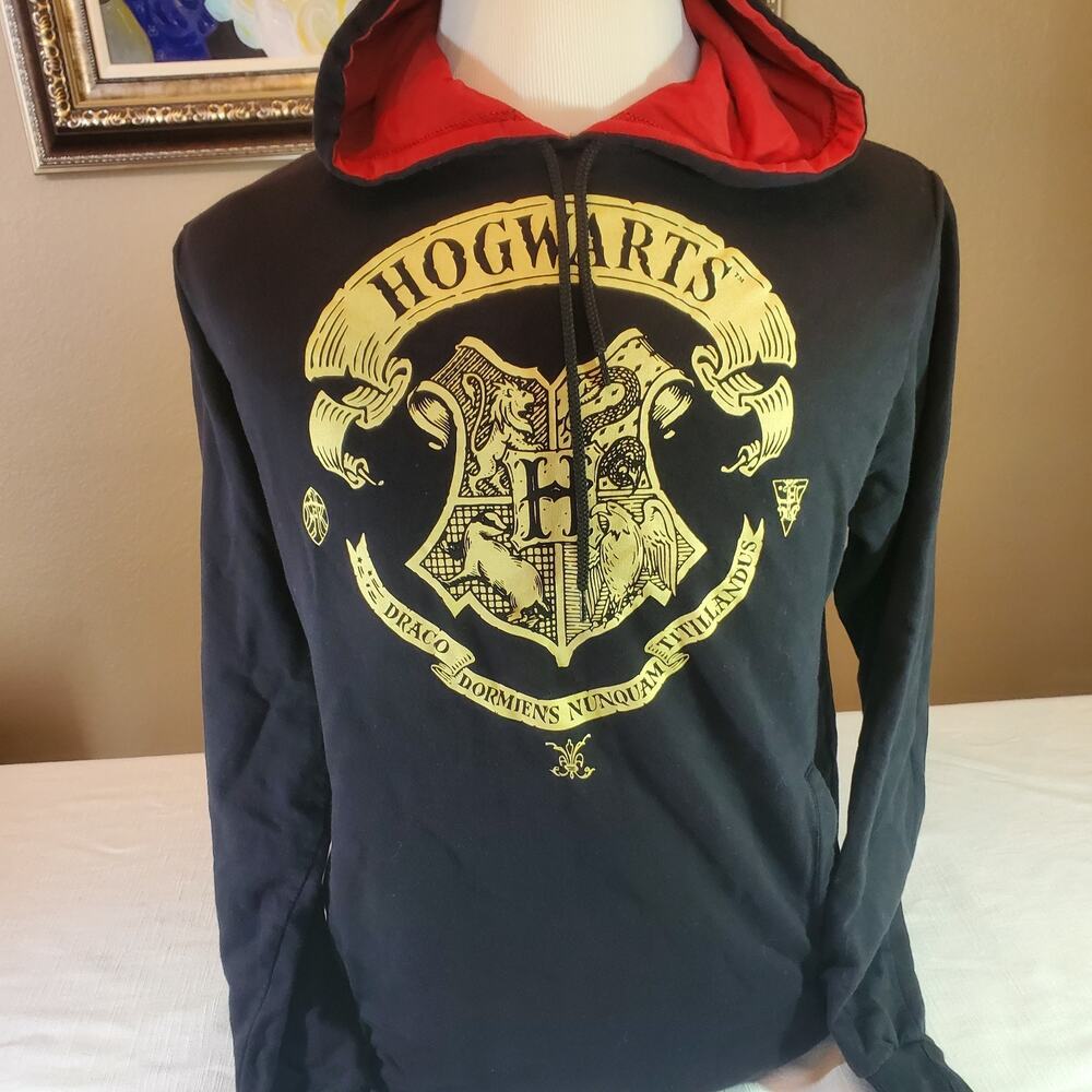 Harry Potter Hogwarts Crest Mens Hoodie Sweatshirt Large L Black Red Hood